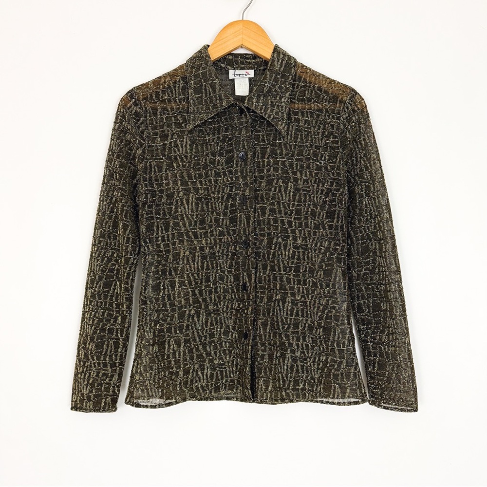 Vintage 90’s Sheer Metallic Textured Button-Front Blouse in Black & Gold Size S - Picture 7 of 9